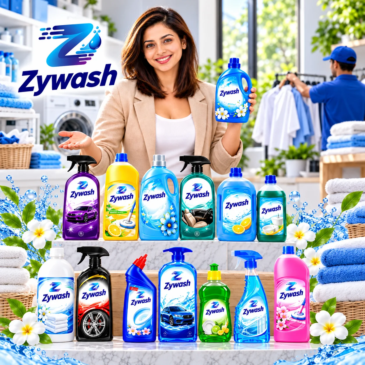 Promotional image showing ZyWash cleaning products and a laundry service scene
